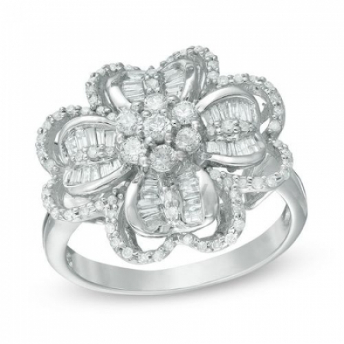 Кольцо "Цветок" из белого золота с бриллиантом