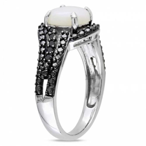 Женское кольцо из серебра с опалом и черным бриллиантом