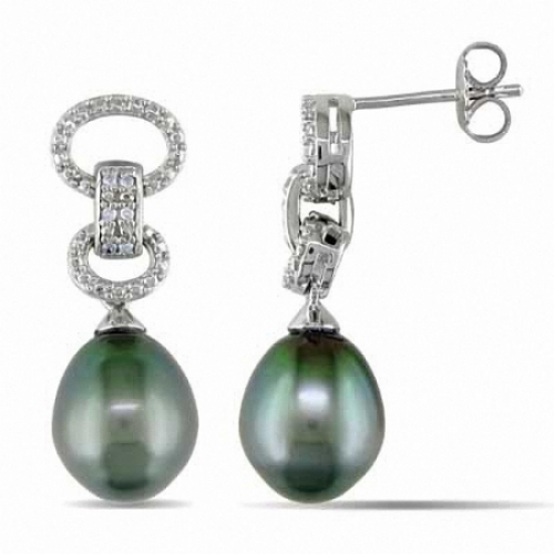 Серьги из серебра с черным жемчугом и бриллиантами