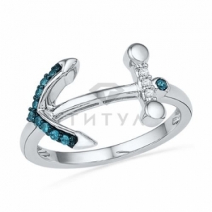 Кольцо в форме якоря из серебра с голубыми бриллиантами