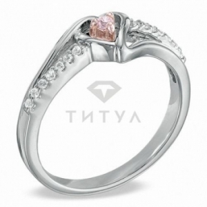 Кольцо в виде сердца из серебра с розовым сапфиром и бриллиантом