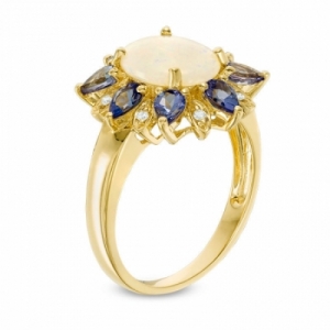 Женское кольцо из желтого золота 585 пробы с опалом, танзанитом и бриллиантом