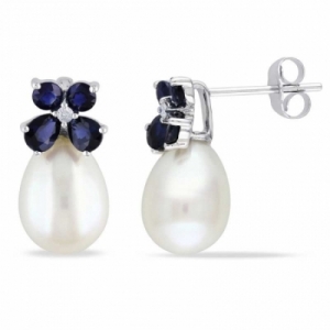 Серьги из белого золота 585 пробы с белым жемчугом и сапфиром