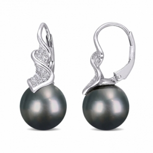 Серьги из серебра с черным жемчугом и бриллиантами