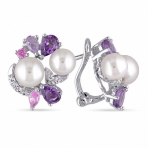 Серьги из серебра с белым жемчугом, аметистом и сапфиром