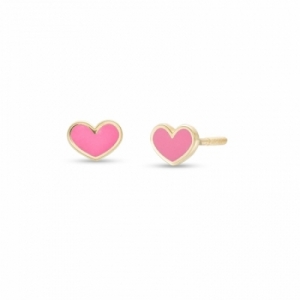 Серьги-гвоздики Сердечки из желтого золота с розовой эмалью