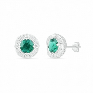 Серьги-гвоздики из серебра с изумрудом и белым сапфиром