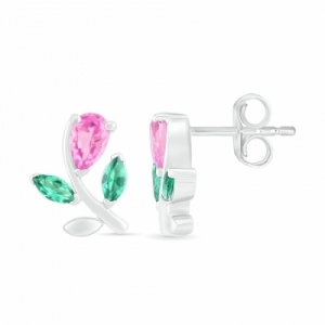Серьги-гвоздики из серебра с сапфиром и изумрудом