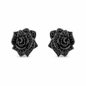 Серьги-гвоздики в виде Розы из серебра с черным бриллиантом